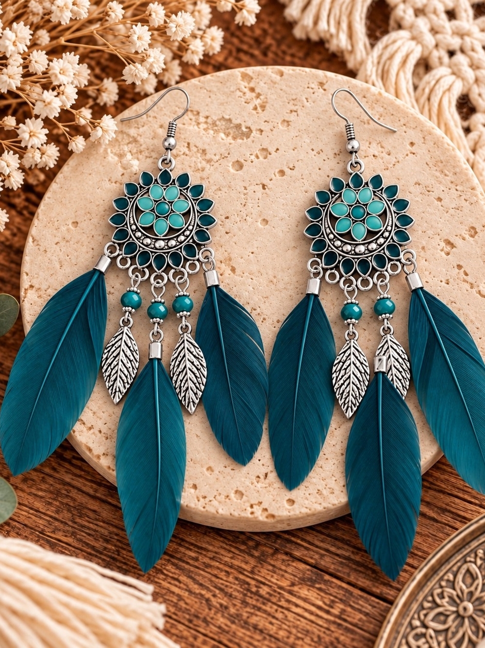 Boho Teal Feather Chandelier Earrings Turquoise Silver Tone Statement Dangle